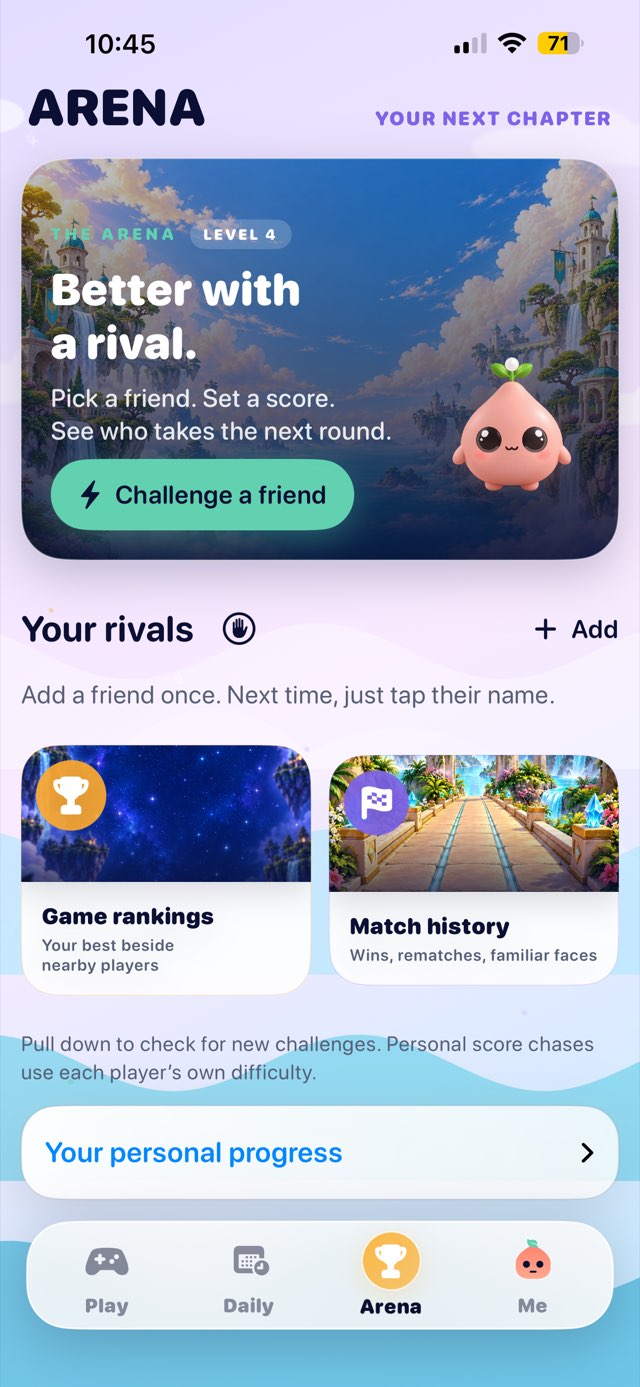 Arena screen for challenging a friend, with rankings and match history.