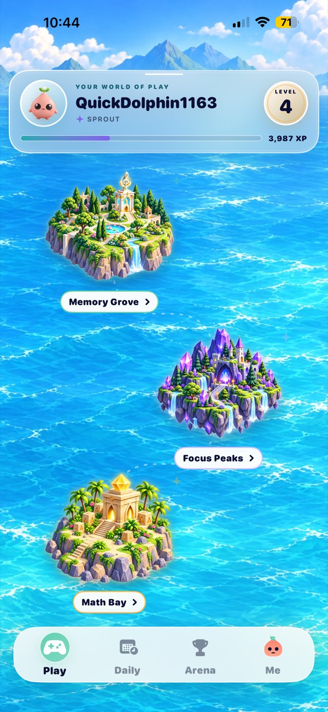 Klibo Play screen with Memory Grove, Focus Peaks and Math Bay islands.