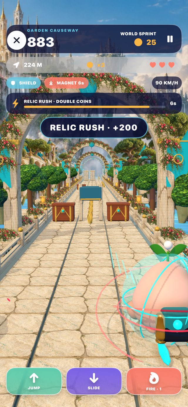 World Sprint run through the Garden Causeway with jump, slide and fire controls.
